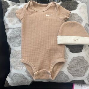 Nike Beige Baby Bodysuit and Hat Set